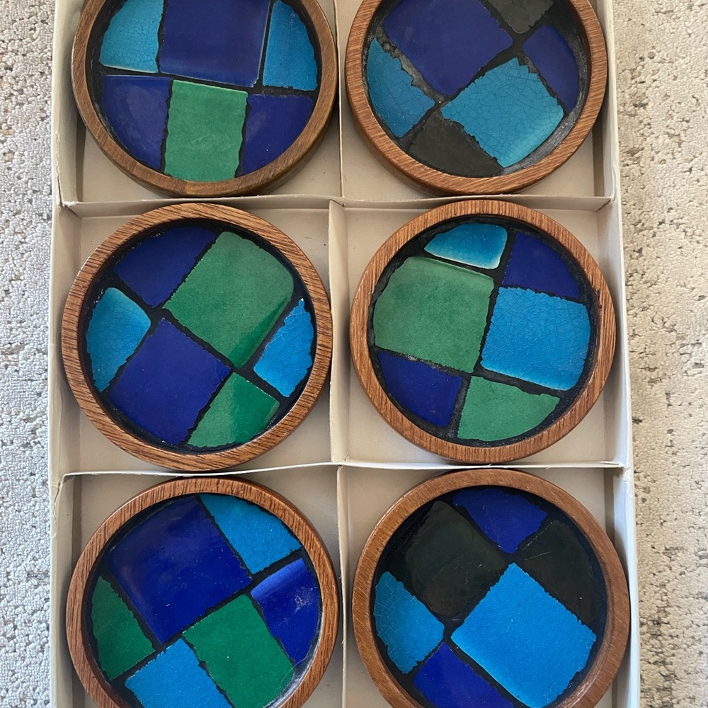 MCM Set of 6 Blue and Green Mosaic Coasters - MCM Barware